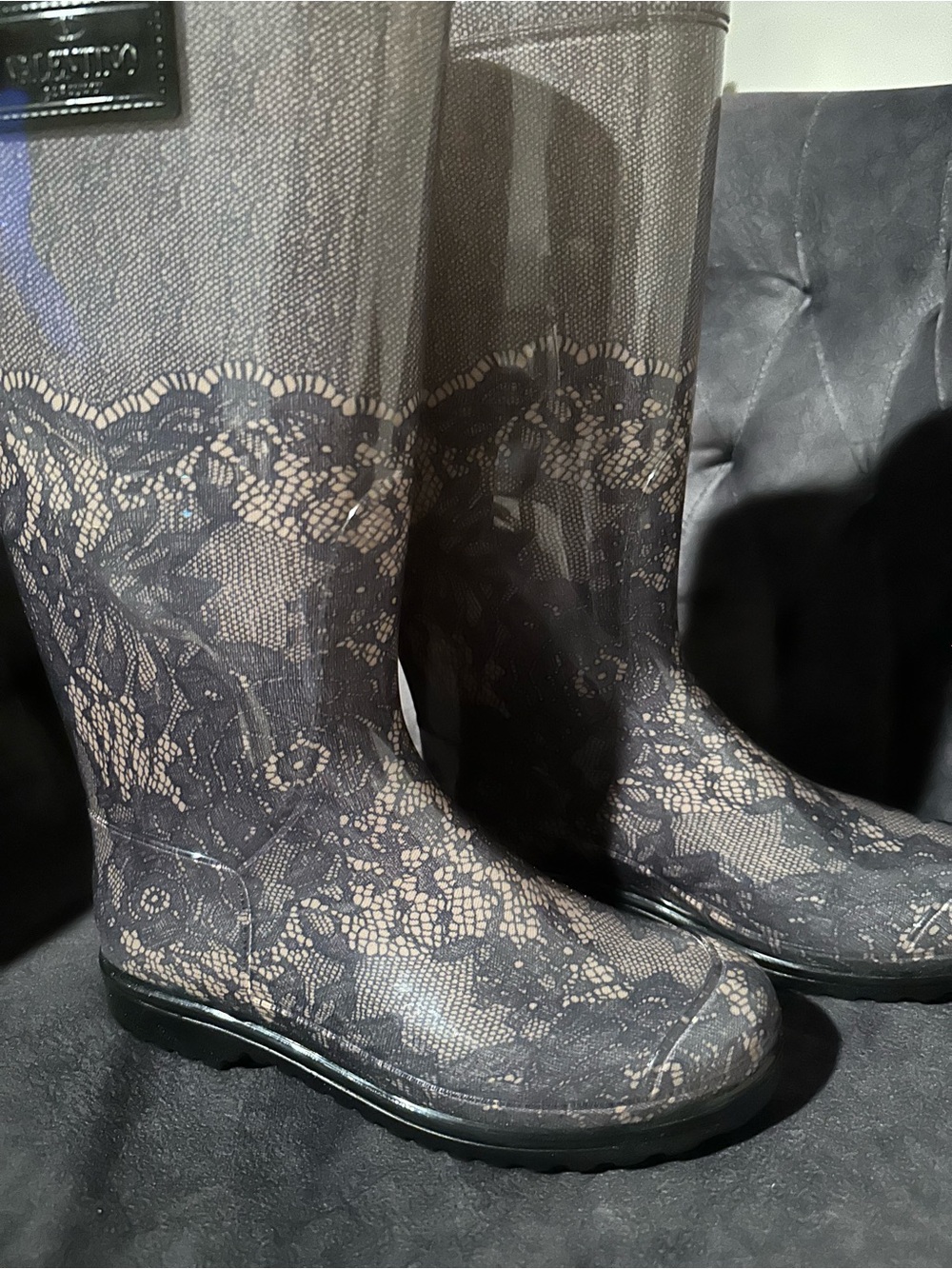 Valentino Garavani Black Lace-Effect Rain Boots New Never Worn With Original Box View 2